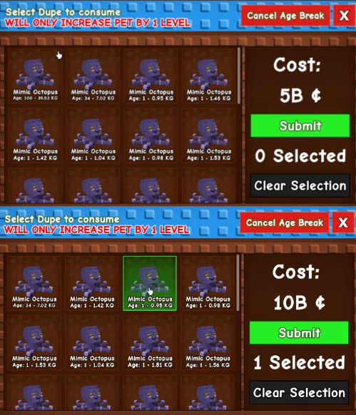 sacrifice the pet to age break cost